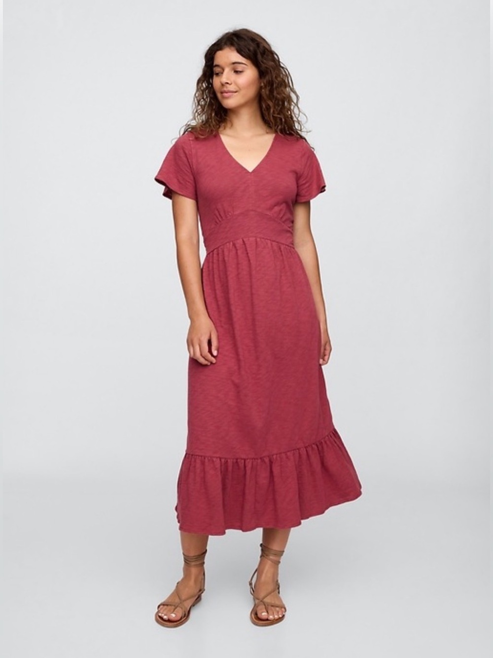 Gap Flutter Sleeve V-Neck Midi Dress in Red Clay